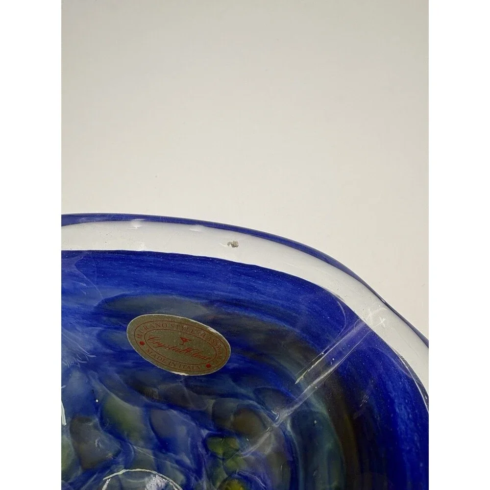 Murano Style Hand Blown Blue Green Swirl Art Glass Bowl Vtg Crystal Clear Italy